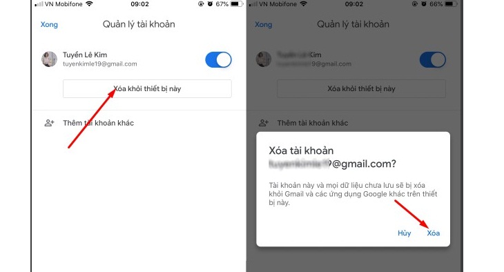 Nhấp xóa tài khoản cách đăng xuất Gmail trên điện thoại Iphone