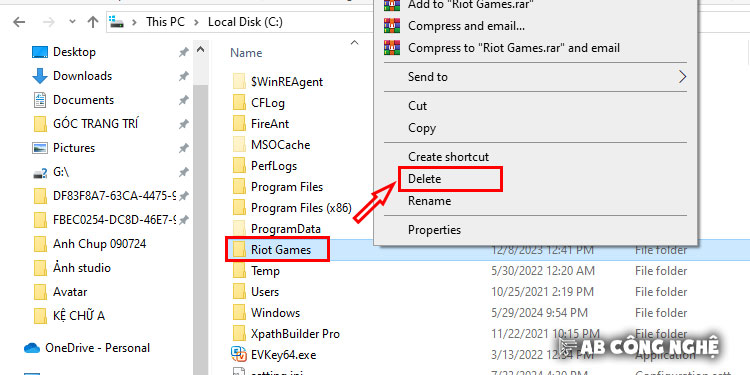Click chuột phải tại thư mục Riot Games, sau đó chọn Xoá hoặc Delete