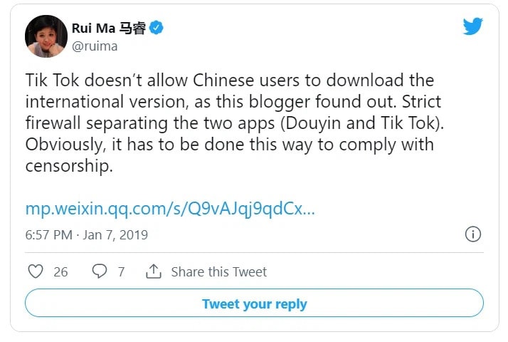 người dân Trung Quốc thì không sử dụng được TikTok quốc tế.
