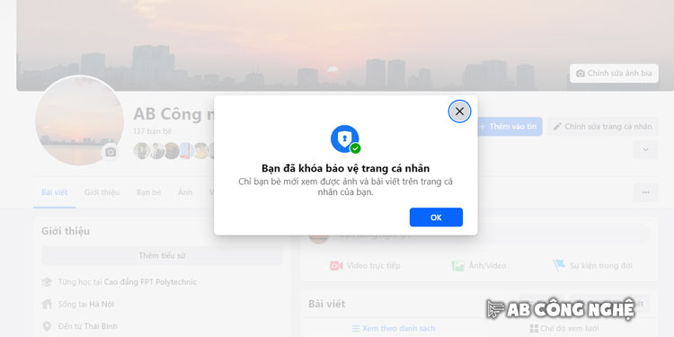 Bảng thông báo bật khoá bảo vệ trang cá nhân thành công