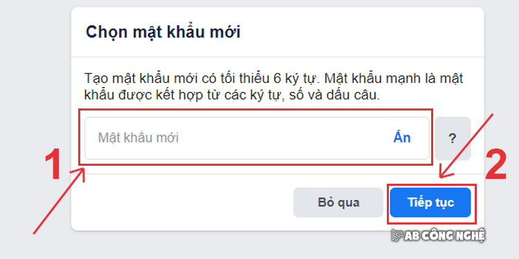 Điền mật khẩu Facebook mới và ấn "Tiếp tục"