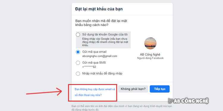 Ấn vào dòng chữ "Bạn không truy cập được email và số điện thoại này nữa?" để vào quy trình lấy lại nick fb