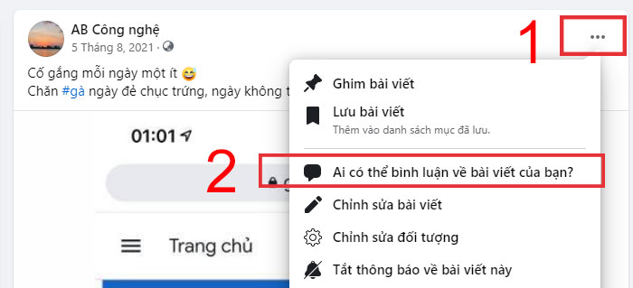 Cách tắt bình luận trên Facebook từ máy tính