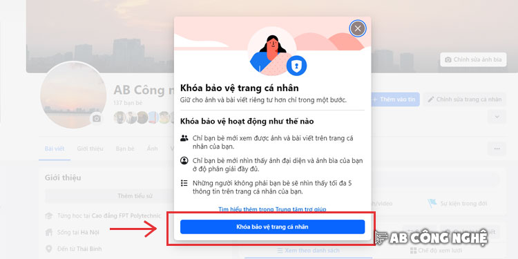 Xác nhận bật khảu bảo vệ trang cá nhân Facebook